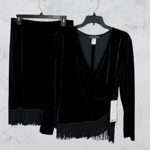 KM Collection by Milla Bell NEW Velvet Set (Fringe WrapTop+ Skirt) Size L Black